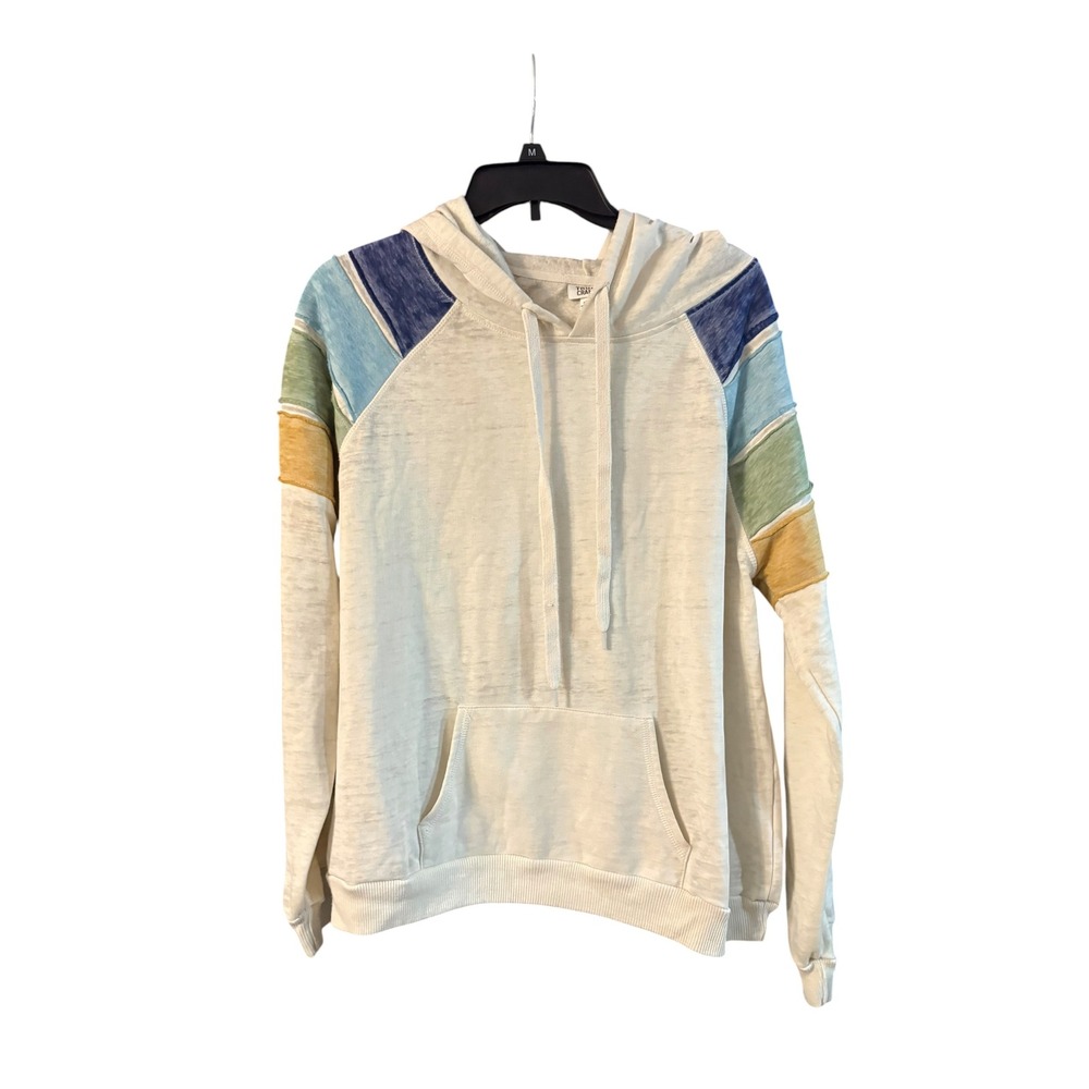 True Craft Womens XL Cream Oatmeal Rainbow Stripe Raglan Sleeve Hoodie Pullover